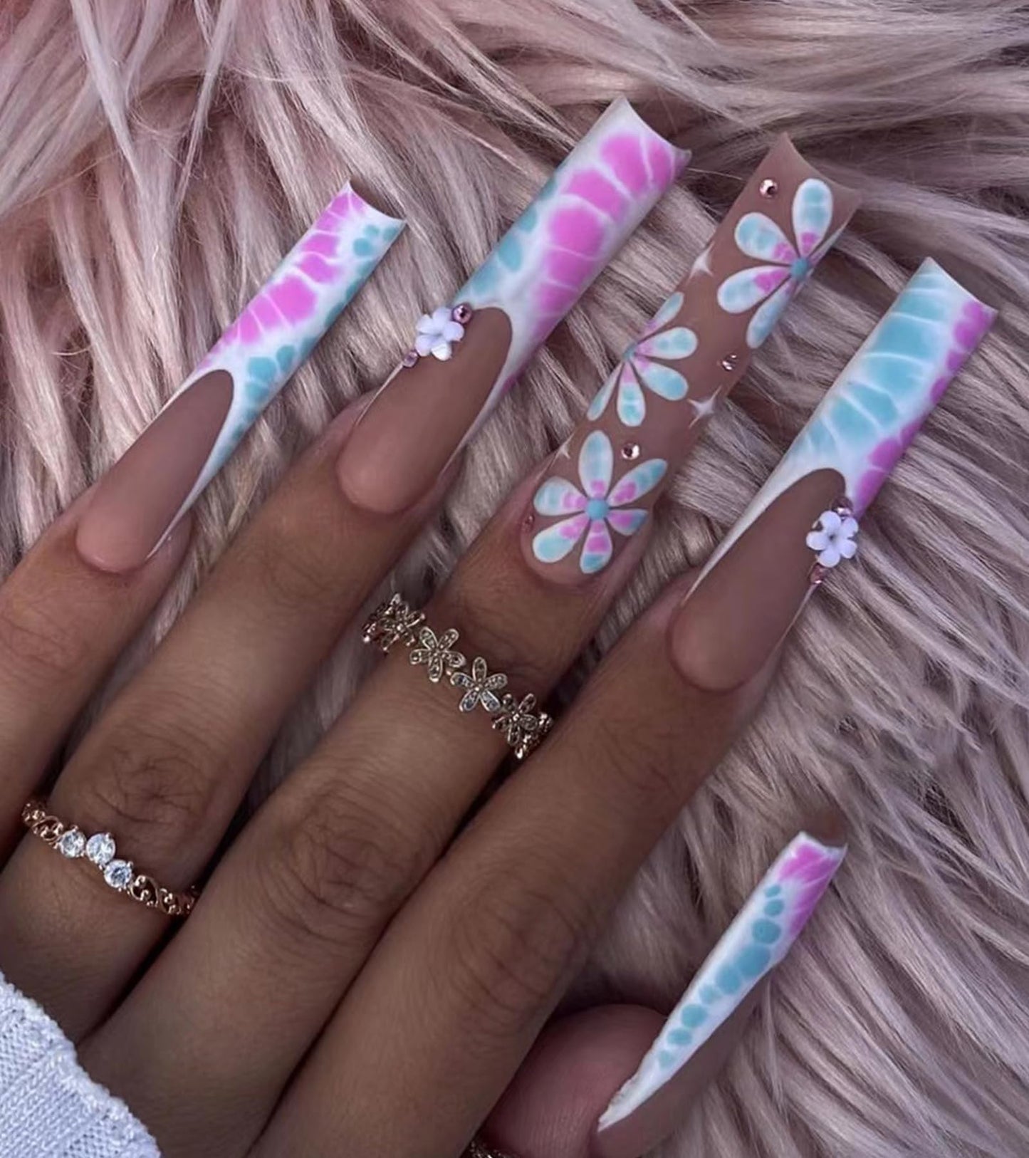 Press on Nails Extra Long - Aegenacess Square Press On Nails with Flowers and Rhinestones, Nude White Matte Fake Nails with Glue Sticker, Handmade 24 pcs Stick On Nails False Nail in 12 Sizes