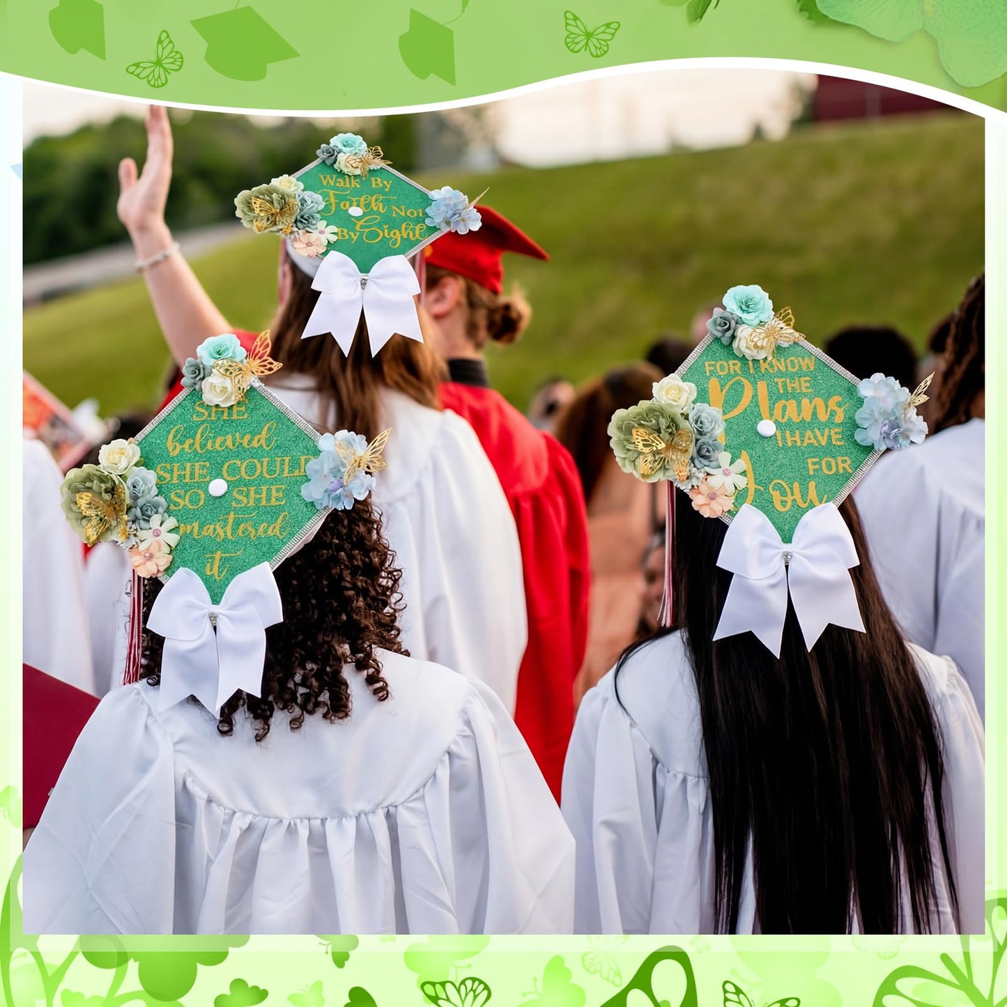 Gersoniel 42 Pcs DIY Graduation Cap Decorations Kit Include Faux Flower Heads Graduation Quote Glitter Sticker Bow 3D Butterfly Rhinestone Pearl Stickers for Grad Cap Topper Decor(Green)