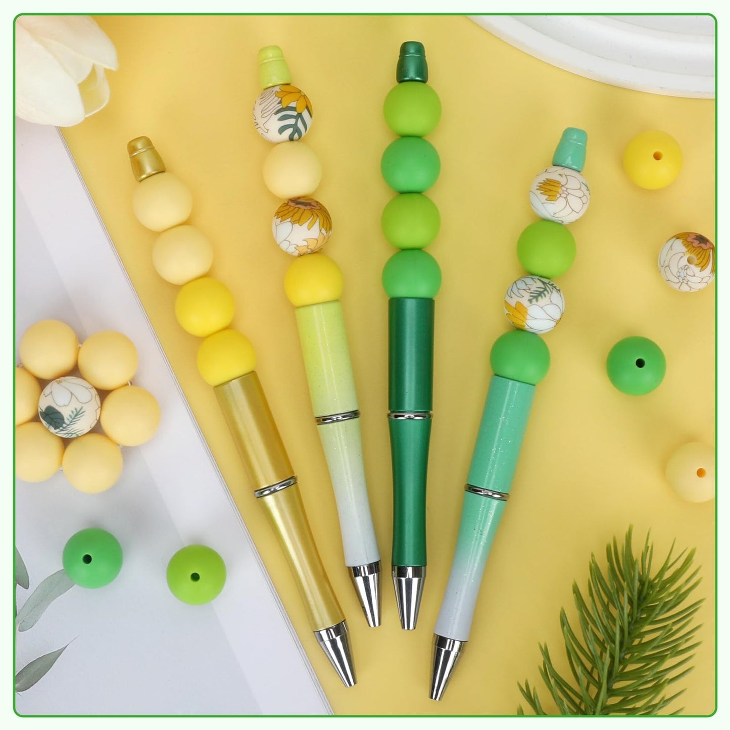 SALUOKE 100 Pcs 15mm Silicone Beads for Keychain Making, Pink Gream Silicone Beads Bulk Round for Bracelets Pens Crafts Jewelry Making (Green Yellow)