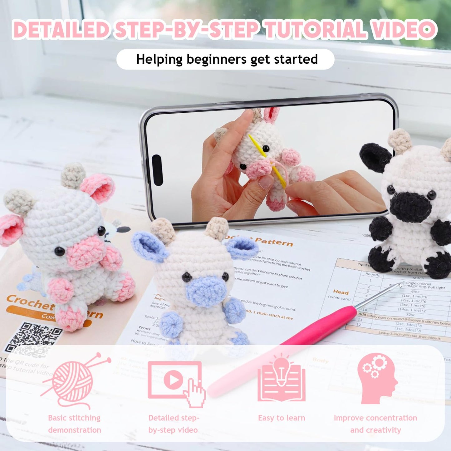 Crochet Starter Kit for Beginners, 3 Cute Animal Cow Pattern, Crochet Starter Kit Beginner for Adults Knitting Hooks and Yarn Set with Video Tutorial