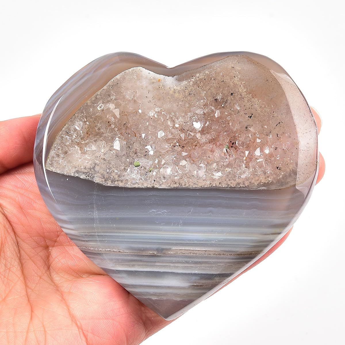 JIC Gem Large Agate Heart Crystal Geode Druzy Palm Worry Stone Reiki Crystals and Healing Stones 3.5-3.9"(90-100mm)