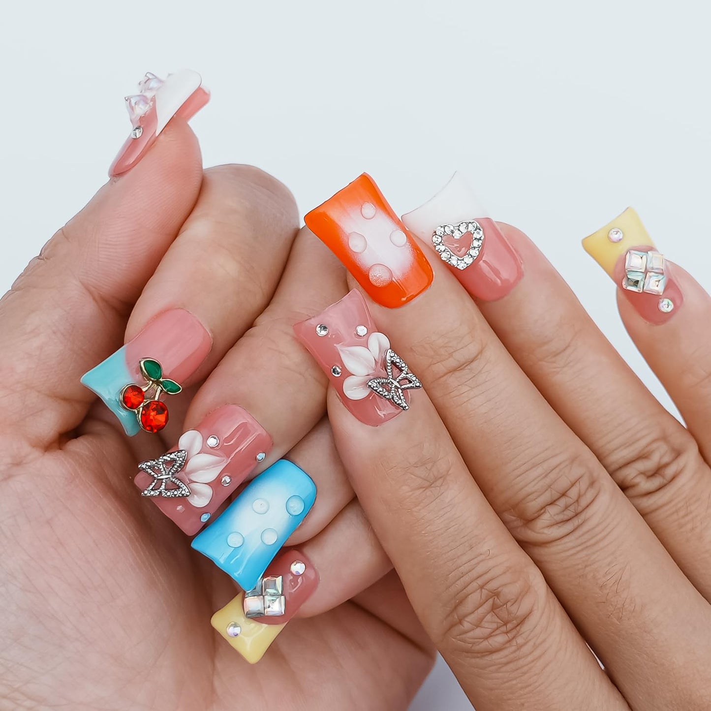 Tesytto Handmade Press on Nails Short Duck - 3D Floral Metallic Butterflies False Nails Luxury Rhinestone Cherry Petal Flower Design, Reusable Thick Acrylic Full Cover(Spring Bloom Pop,M)