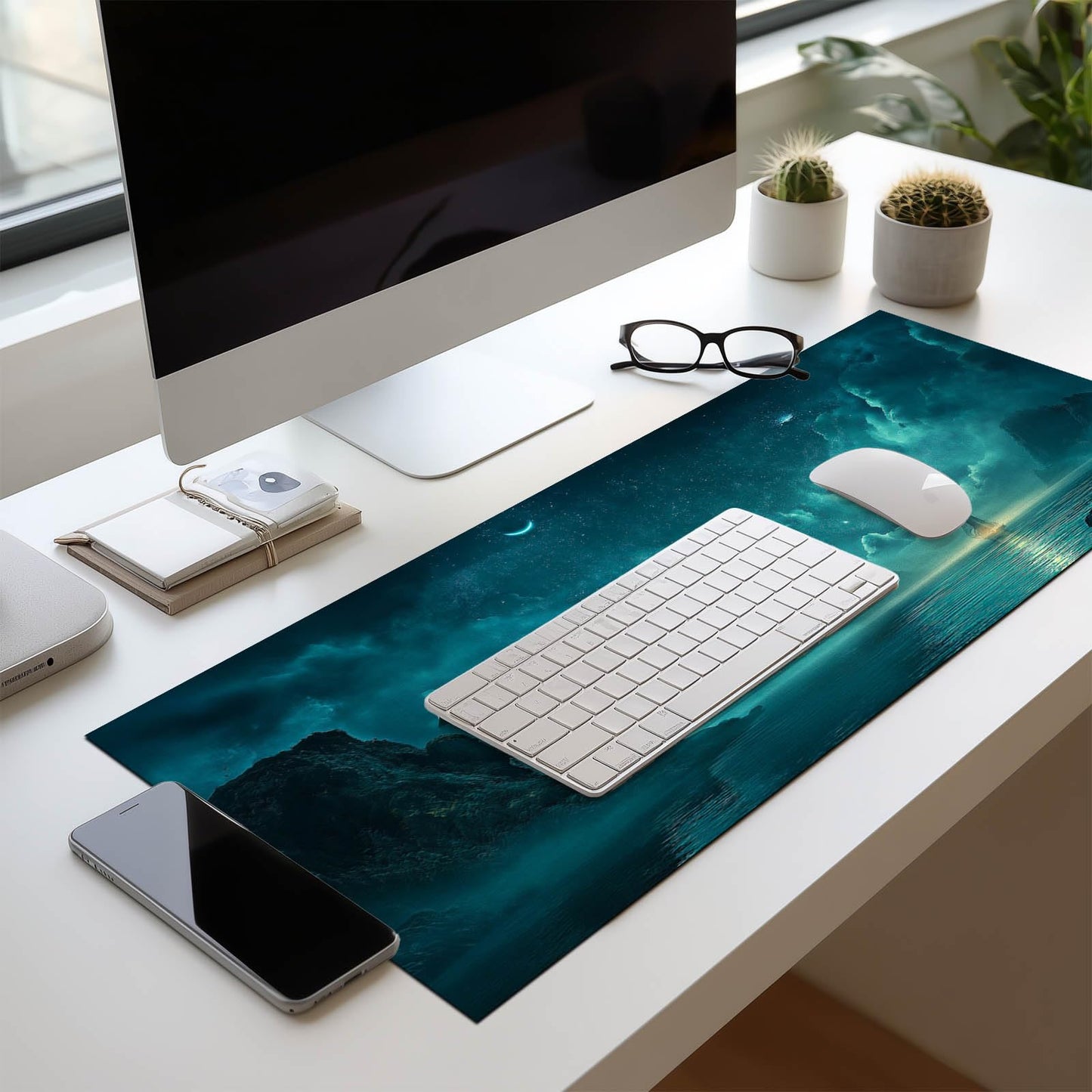 HOMETITUTE Large Mouse Pad 31.5x11.8 Inch Gaming Mousepad Teal Moon Night Seascape Art Non-Slip Keyboard Desktop Protector Mat XL Mouse Pad for Home Office Laptop Wireless Mice Accessories