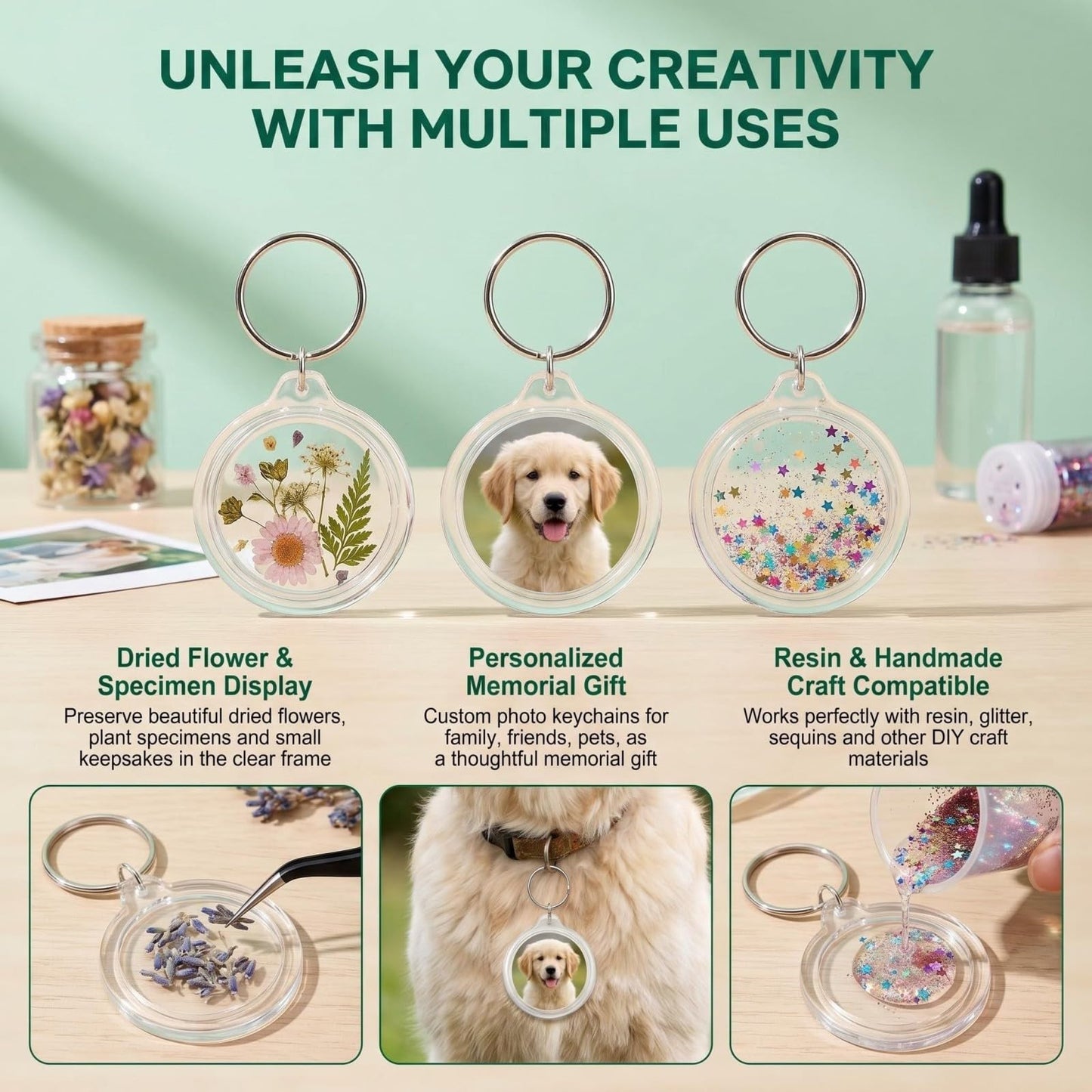 UPSTORE 25PCS 1.4inch Inner Diameter Round Clear Acrylic Blank Passport Photo Logo Image Inserts Split Keychain Keyrings Wallet Friendly Picture Snap-in Frame Key Ring for Women and Men