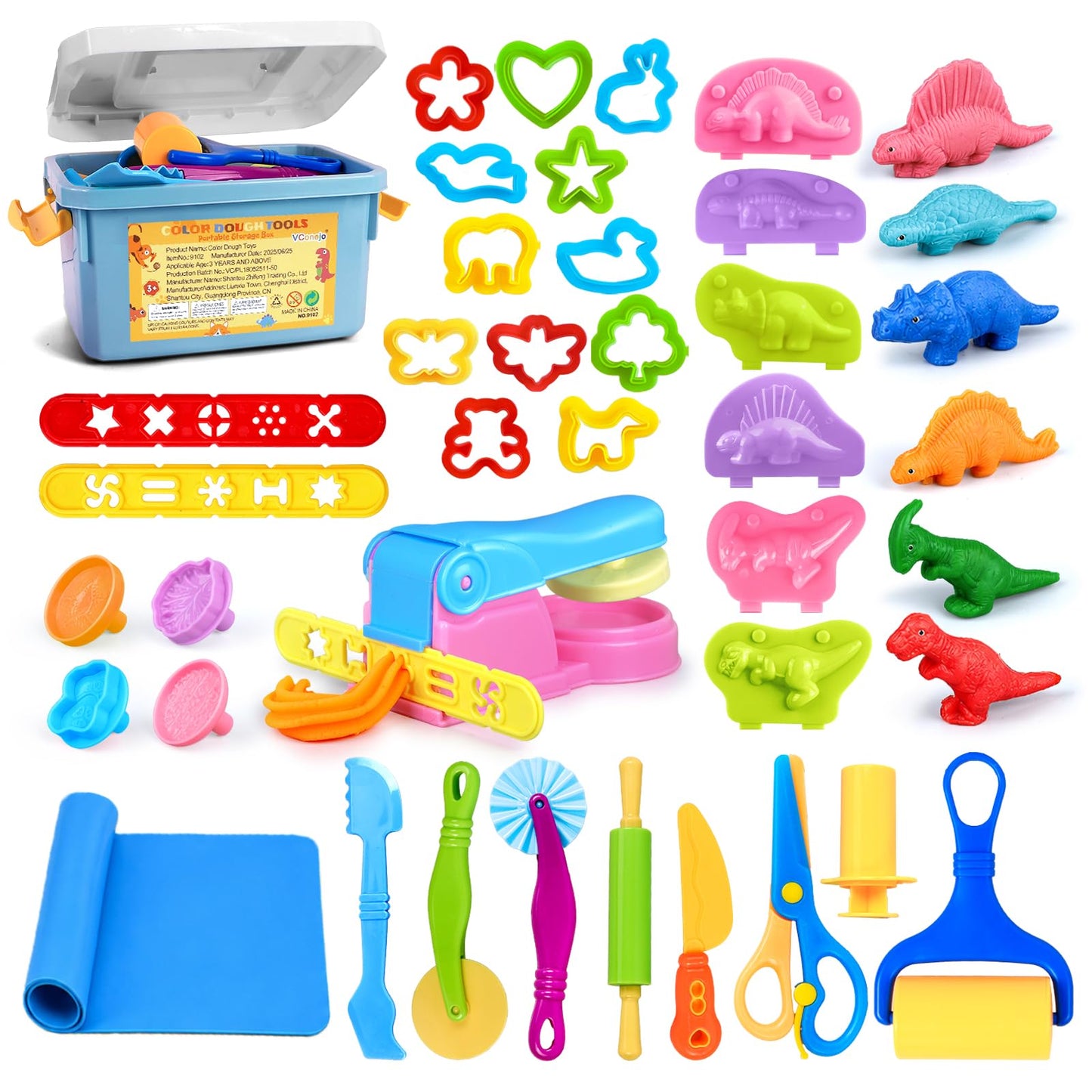 Playdough Tools Sets for Kids, 35Pcs Clay and Dough Tools Accessories Set with Silicone Mat & Storage Box, 3D Dino Molds, Animal Cutters, Dough Extruder, Rolling Pins for Educational Play Activities