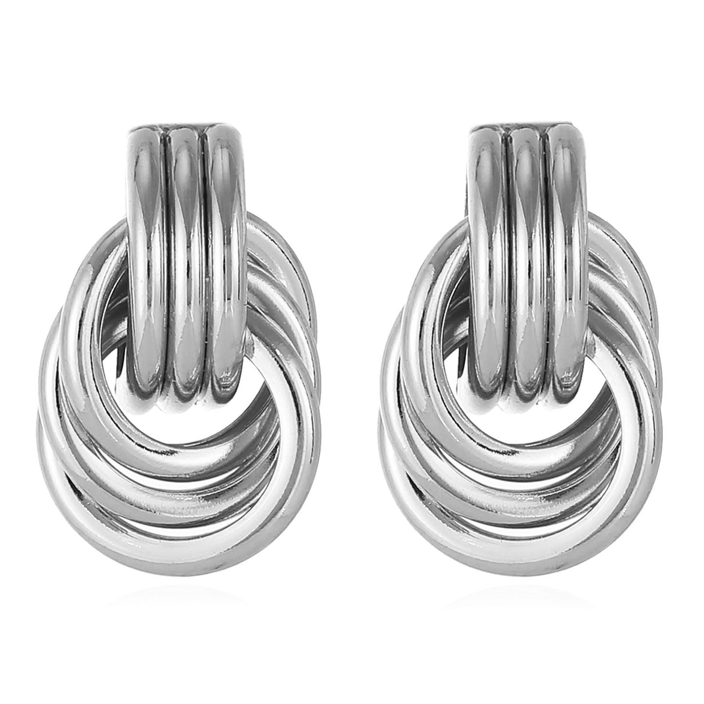 Chunky Silver Drop Earrings for Women - Minimalist Knot Earrings, Trendy Geometric Dangle Statement Earring Jewelry
