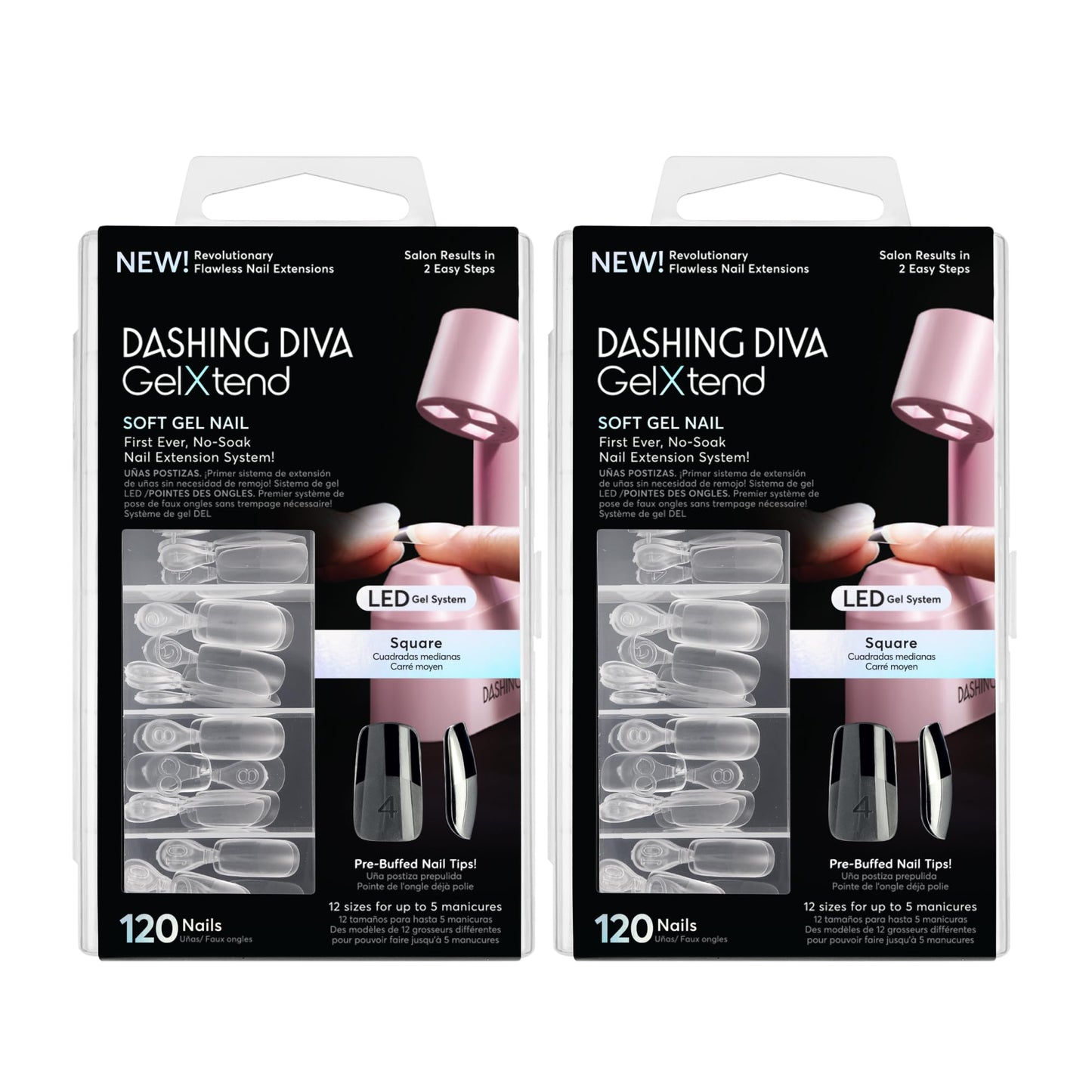 Dashing Diva GelXtend Nail Tips, 2 Pack - Clear, Medium Length, Square - Acrylic Nails with LED Glue - Lasts Up to 14 Days - No-Soak, Easy Removal