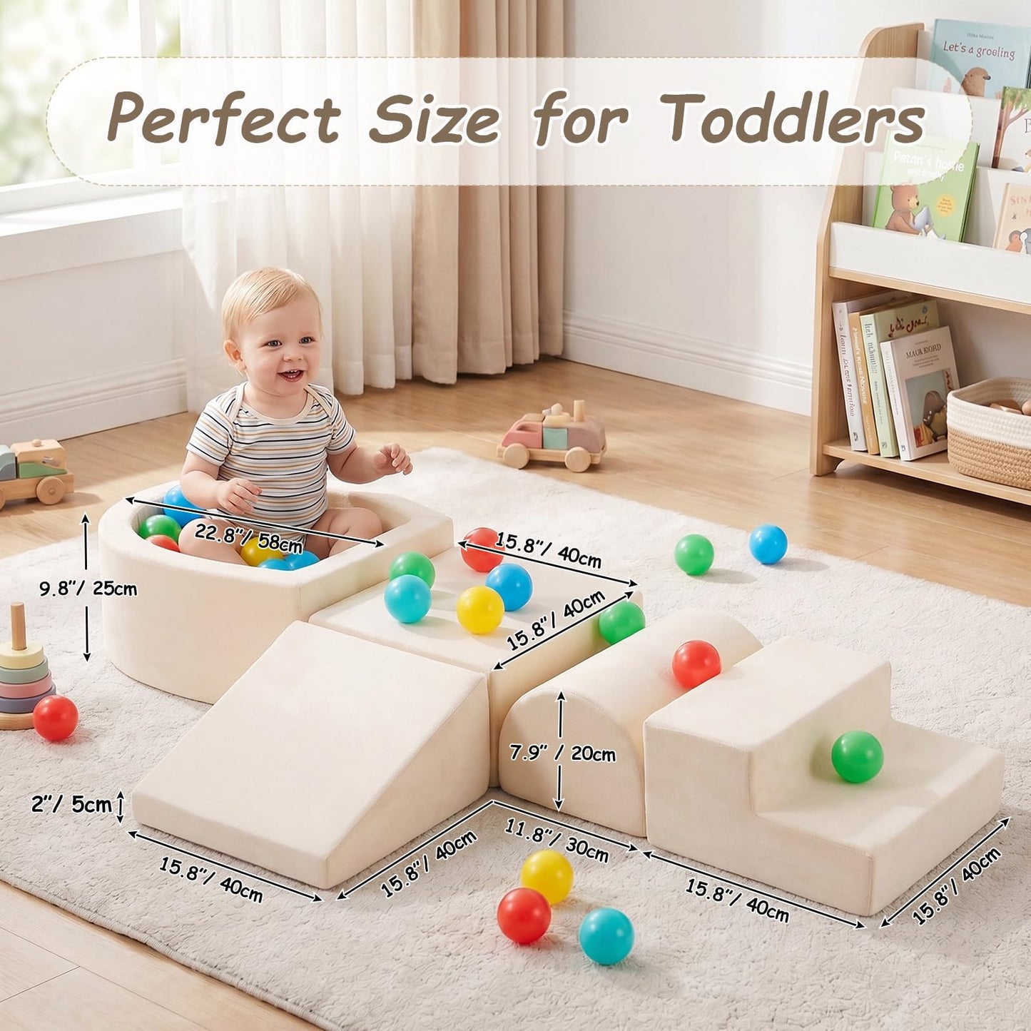 Tiita Foam Climbing Blocks with Small Ball Pit Playground for Baby, Climb and Crawl Playset 5-Piece - Indoor Soft Play Climber for Playtime Fun, Beige