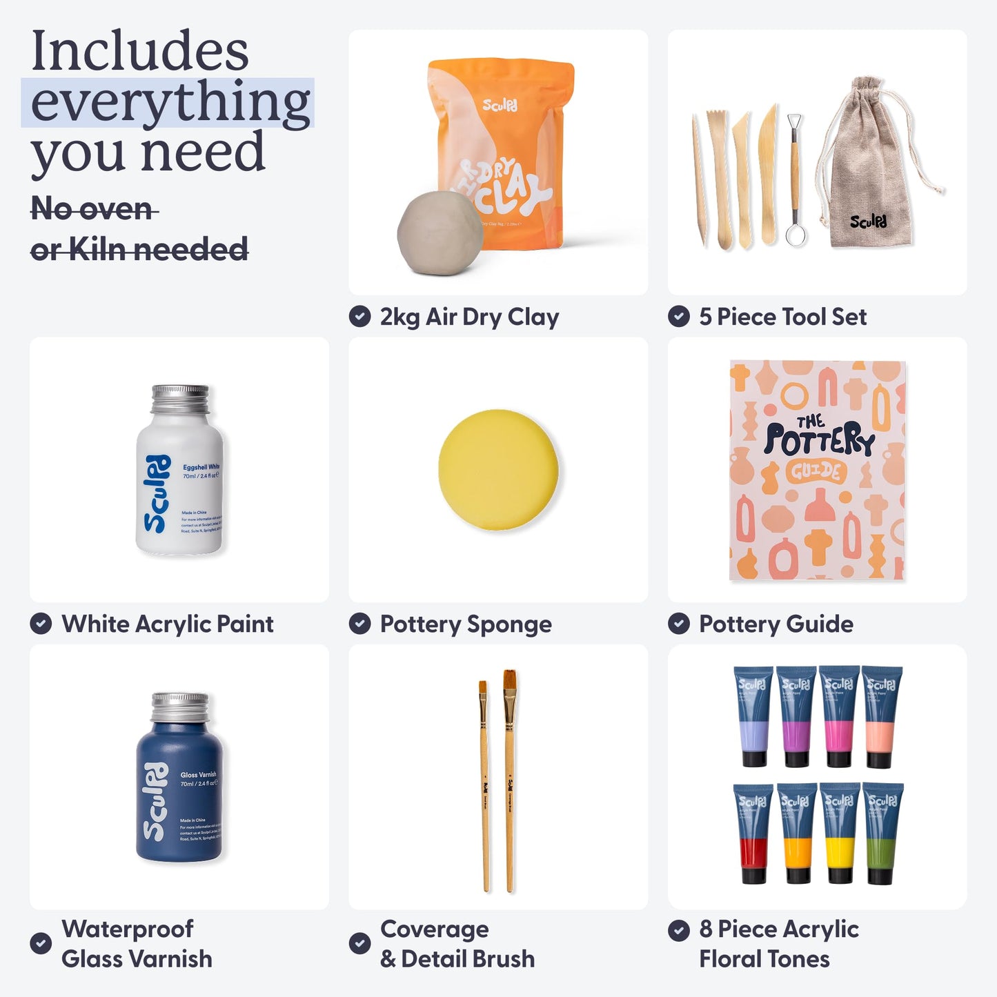 Sculpd - The Original Pottery Kit for Adults - Air Dry Clay for Adults, Tools, Varnish, Paints, Brushes, Couples Date Night Arts & Crafts Set, Gloss Varnish with Floral Tones