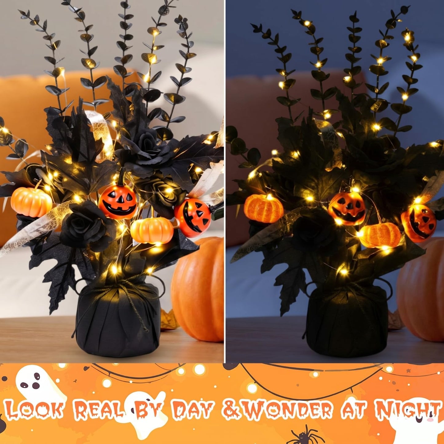 Pinkunn 2 Packs Halloween Centerpiece for Table, Halloween Table Tree Decoration with Light, Artificial Pumpkin Tabletop Tree 16 Inches with Black Eucalyptus Branches Burlap Base Decor for Home Indoor