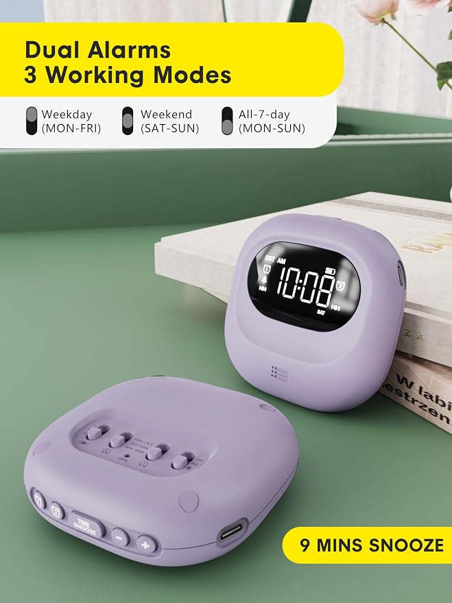 Vibrating Alarm Clock Rechargeable 3000mAh Battery Travel Clock Purple