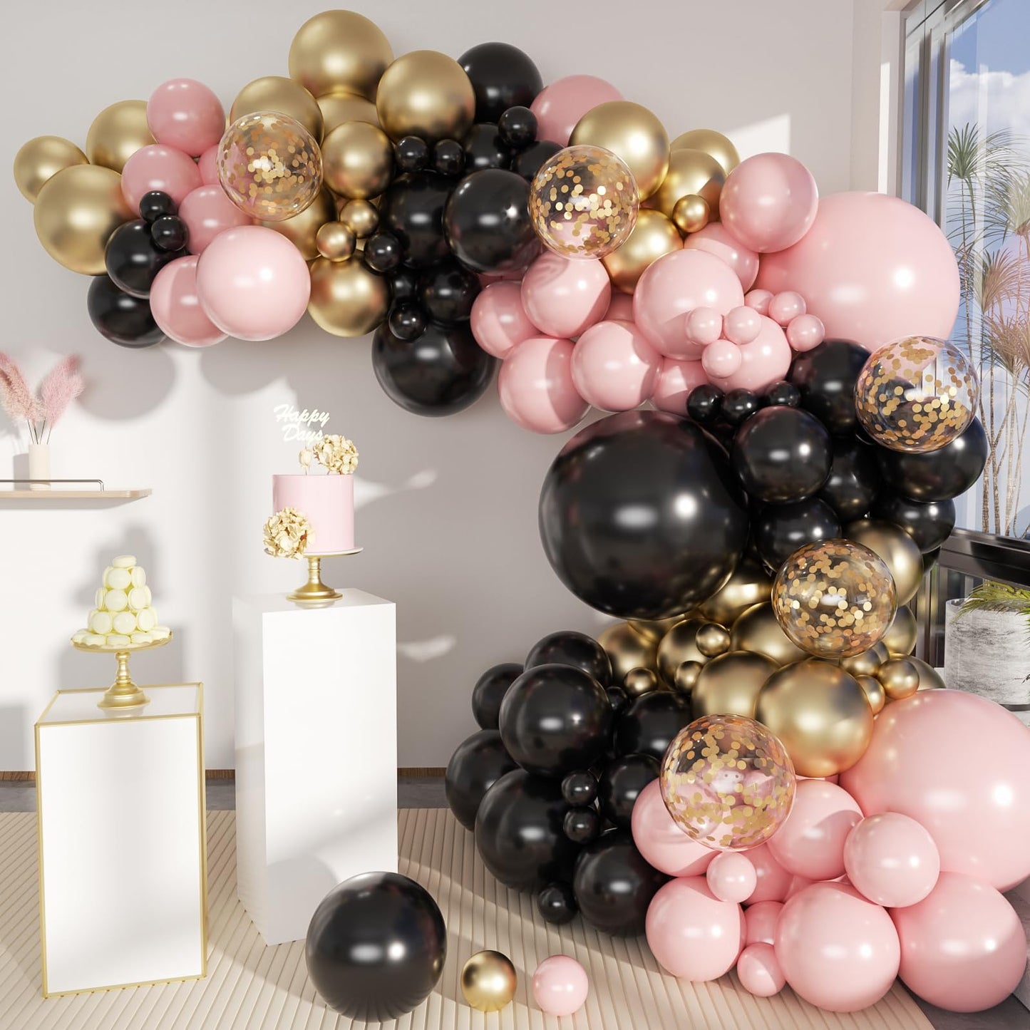 MEBAY Black Pink and Gold Balloon Garland Arch Kit, 156 Pastel Pink Matte Black Metallic Gold Balloons for Women Girls Party Birthday Wedding Bridal Shower Bachelorette Anniversary Graduations