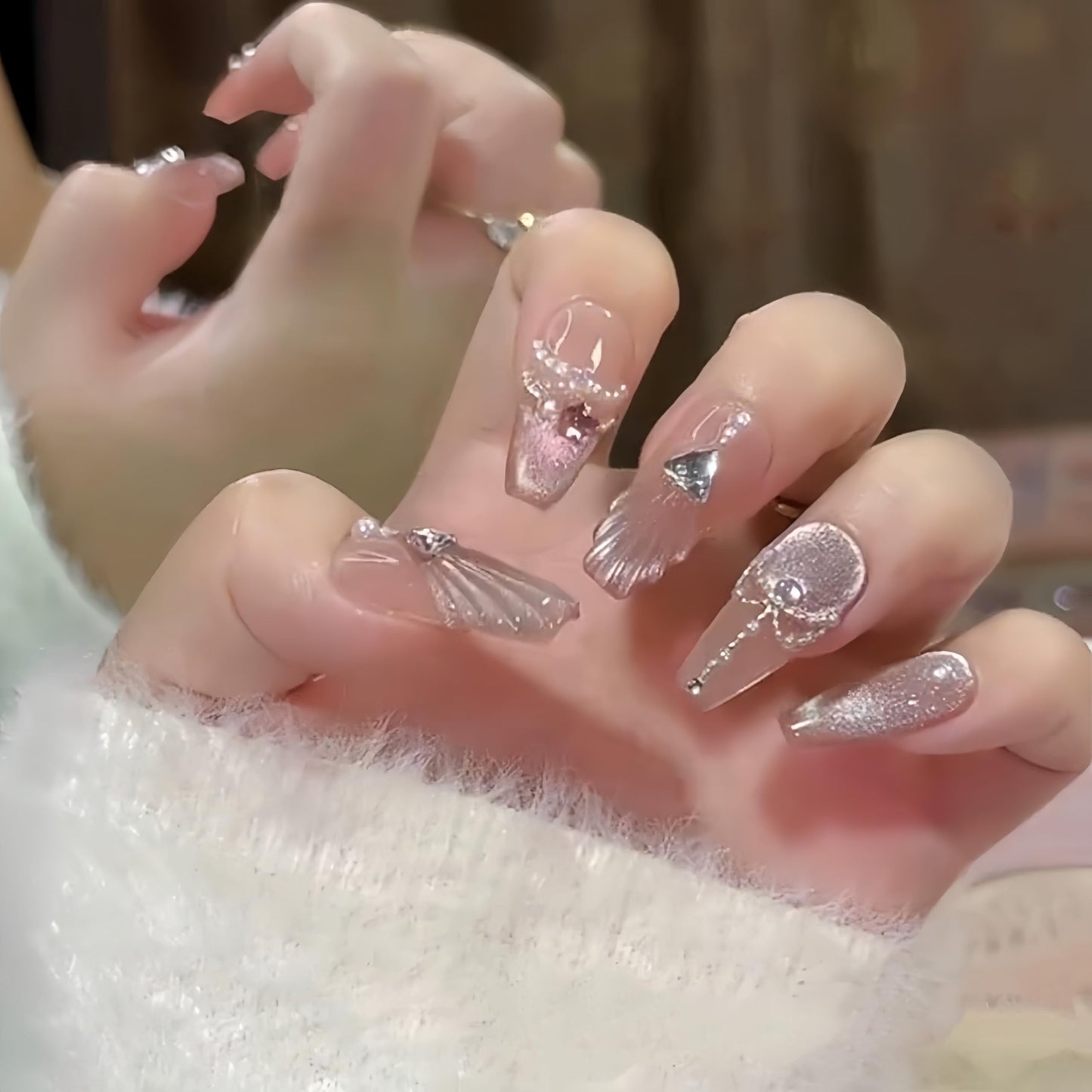 NLSJMP, 10Pcs,Size M, Handmade Long Press on Nails Ombre Balerina Acrylic Fake Nails Kit,3D Glitter Pearl Design Nail Art Kit,Reusable False nails,Include Toolkit,Elegent