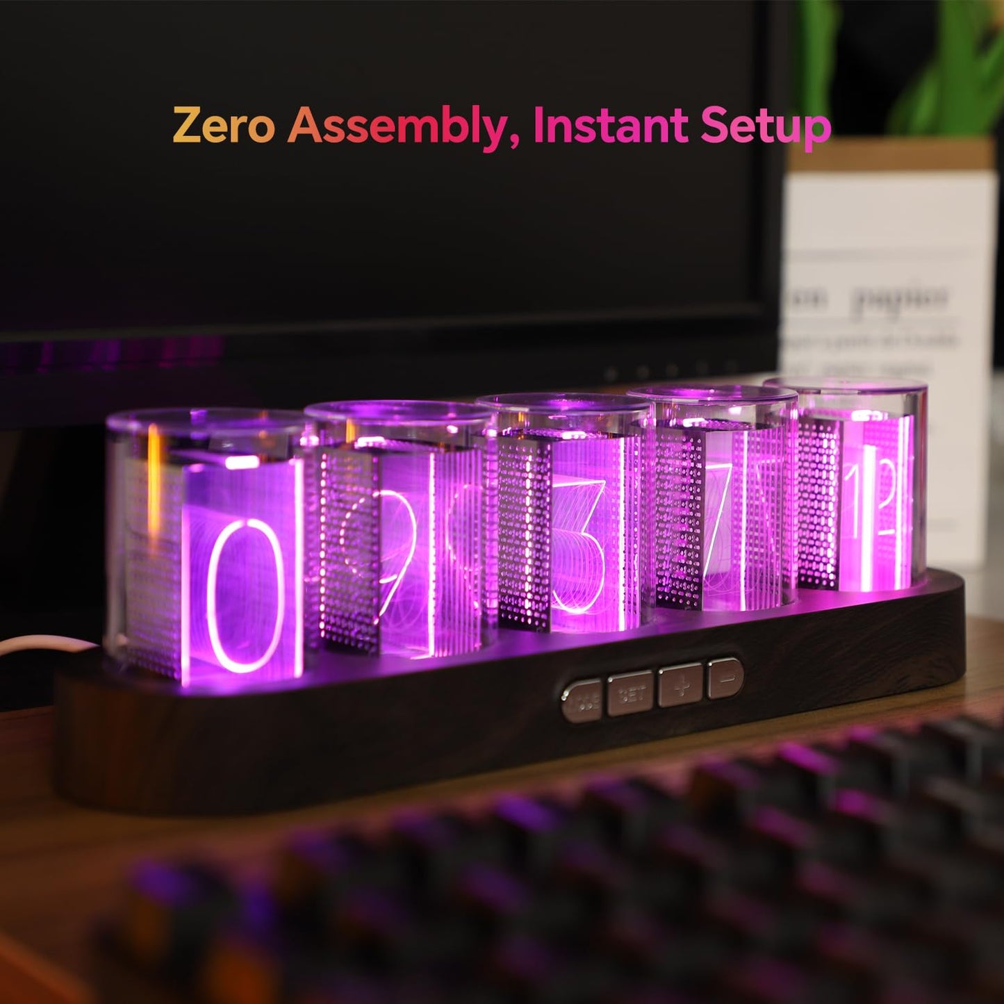 XEANIXIE Retro Simulate Nixie Tube LED Gaming Clock – 9 RGB Modes, 12/24H Switch, USB-C Powered, Plug & Play (Gift Box, ABS/Alloy)