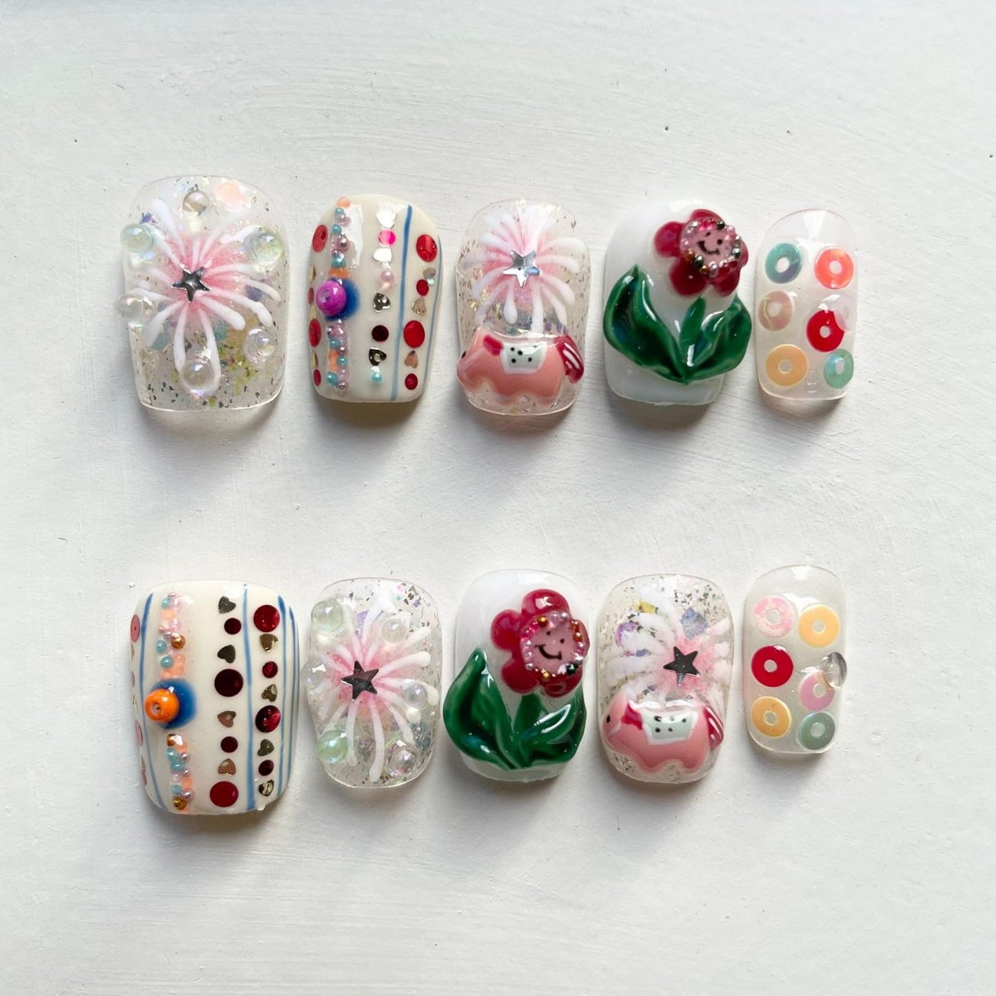 Luxury Press on Nails Short Square Handmade 3D Unique Reusable ABS Material Fake Nails White False Nails with Flower Polka Dots Glitter Designs Glossy Glue on Nail Thick Acrylic Nail(M)