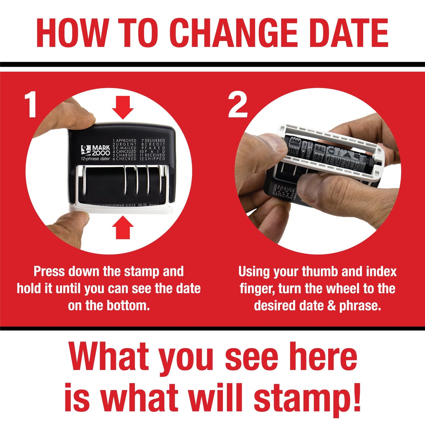 Mark 2000 12-Phrase Dater - Self-Inking Stamp - Blue Ink, Red Date