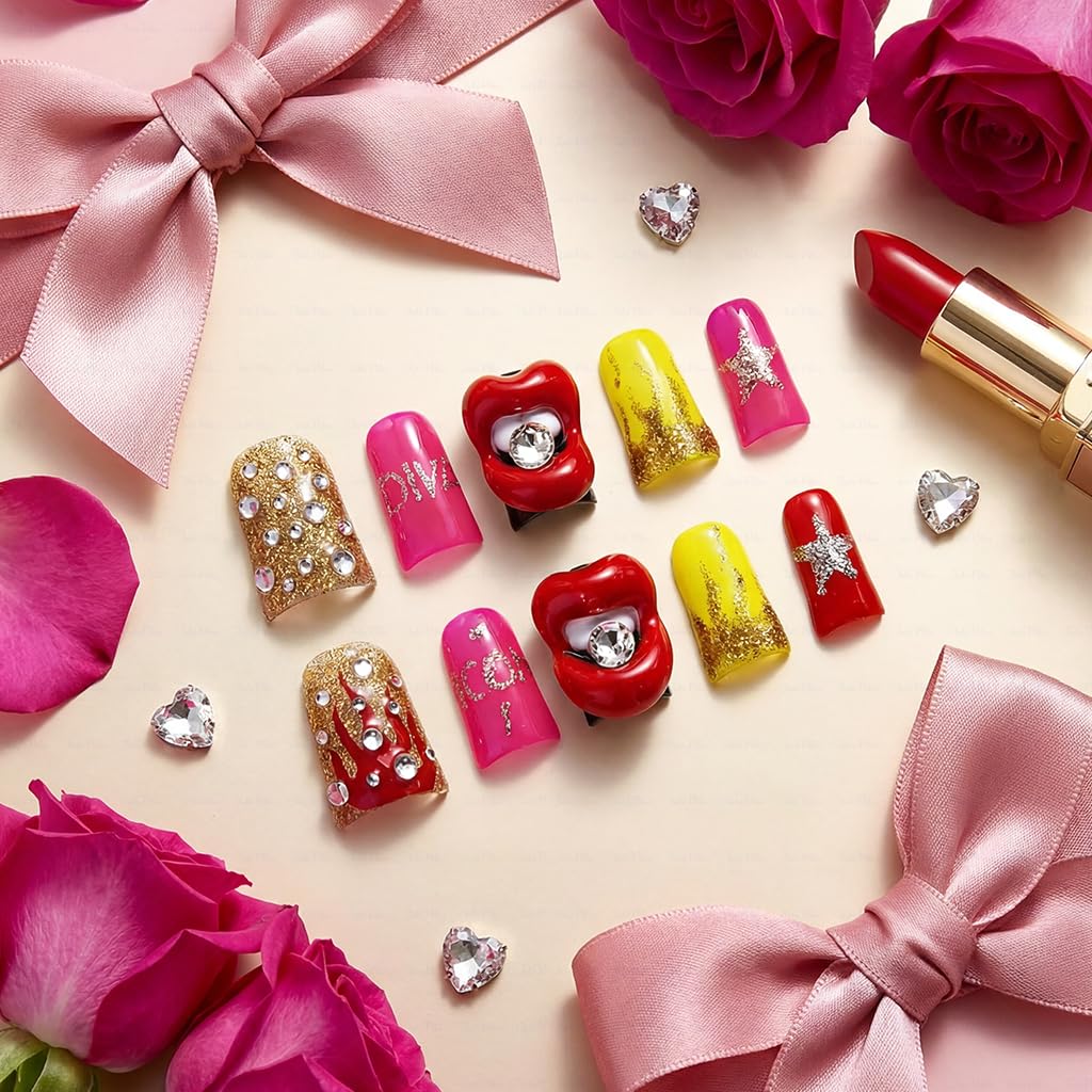 IntoVibes 10 Pieces Luxury Acrylic Press On Nails Short Handmade Duck Nails, Pink Thickened False Nails, Rhinestone And 3D Red Lips, Reusable Fake Nails, Acrylic Nails (L)