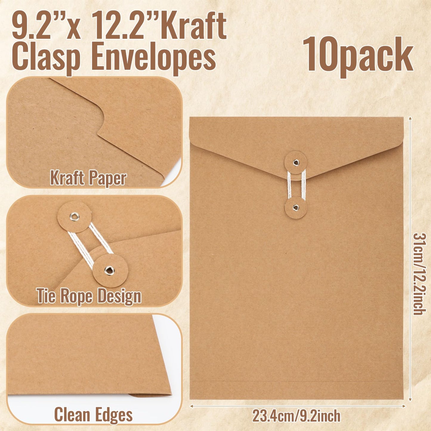 Feifeiya 10 Pack Kraft String Envelope File Folder Brown A4 Letter Size Brown Paper Folders 12.2 x 9.2 Inch Project Pockets File Jacket Document Organizer with String Button Closure(Vertical)