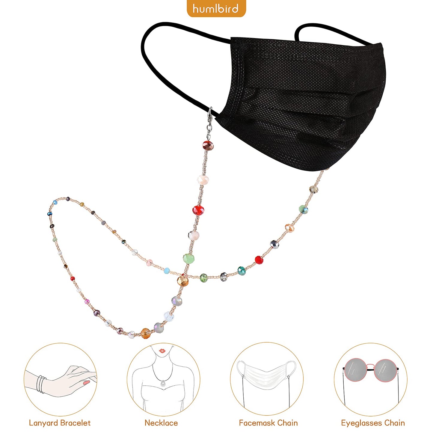 humlbird 2 Pcs Glasses Chain Mask Lanyard Strap Mask Chain Face Mask Holder Around Neck Eyeglass Chain for Women Stylish, Grey Colorful