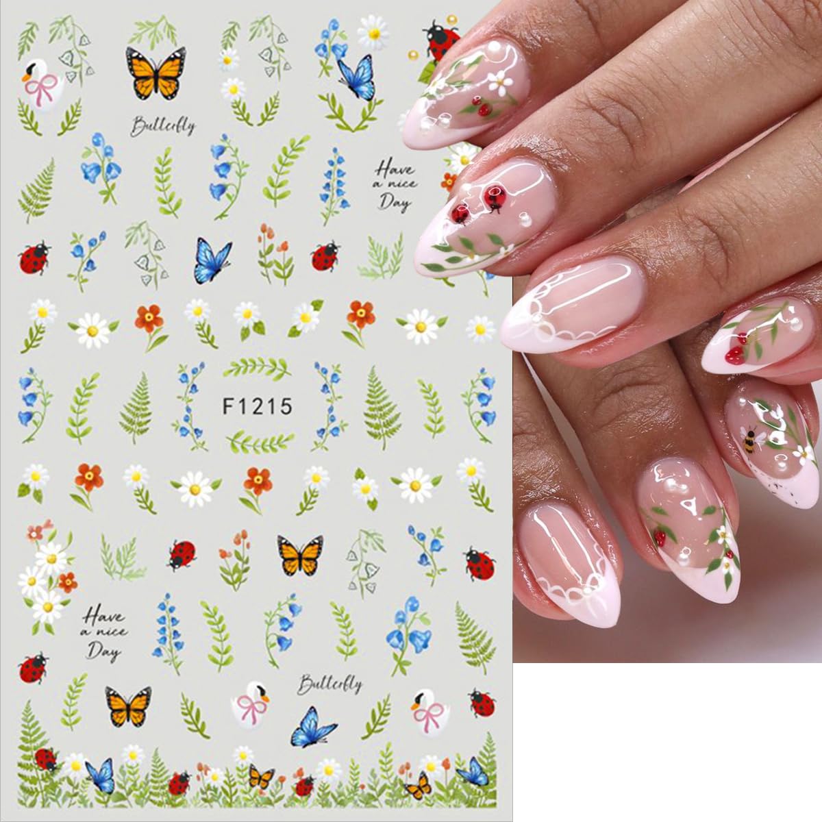 5 Sheets Spring Nail Stickers 3D Self-Adhesive Flower Nail Art Stickers Floral Nail Decals with Leaves Butterfly Ladybug Strawberry Bee Design for Women Spring Summer DIY Nail Decor