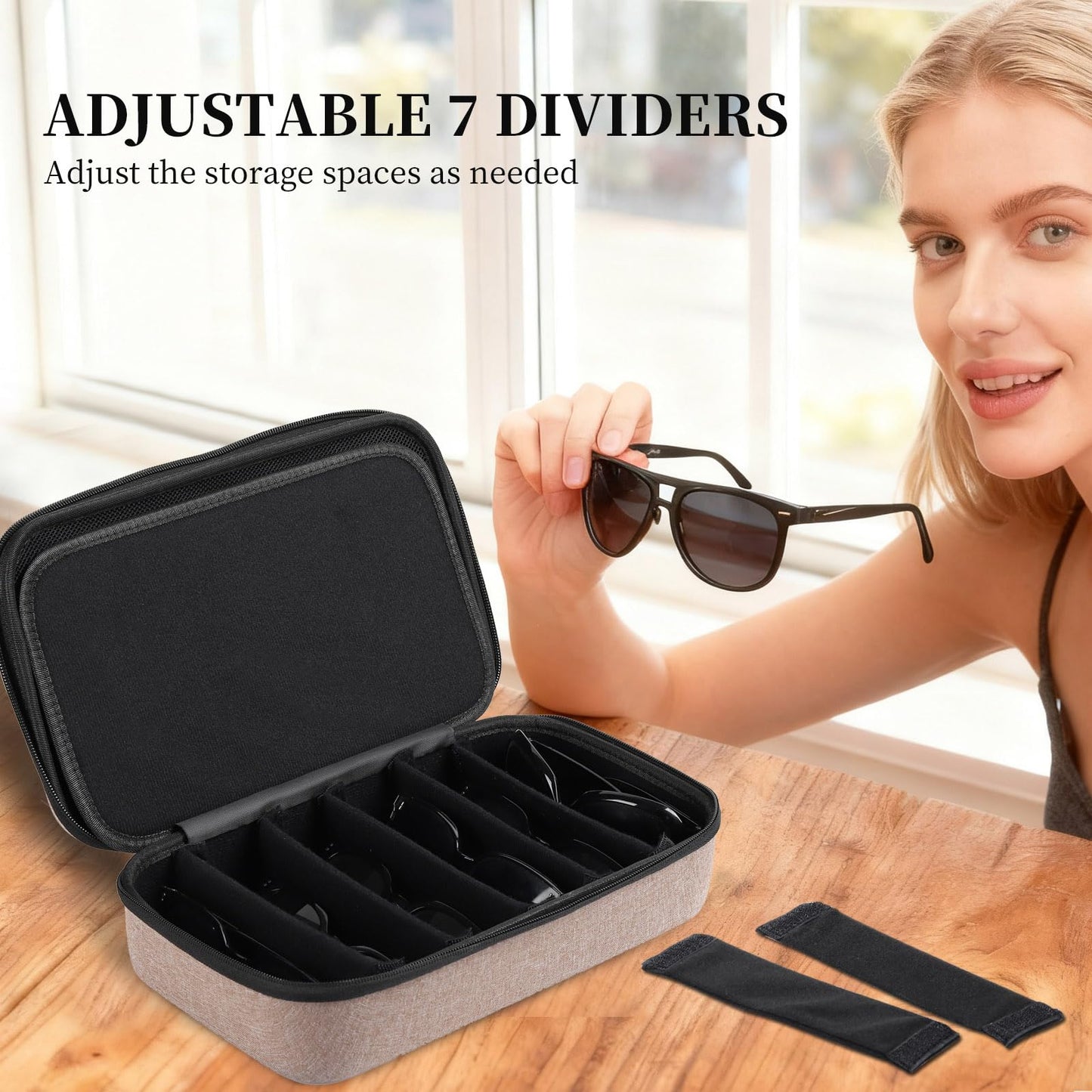 AUTOARK EVA Hard Shell Travel Eyeglasses Case,7 Adjustable Dividers,Holds 8 Glasses,Felt Lining,Fits Large Sunglasses,Zipper Closure Storage Box for Men/Women,Brown,MKAW023