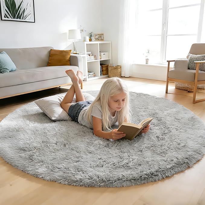 yulidayang Soft Round Area Rug for Kids Bedroom, Fluffy Fuzzy Shaggy Rug 3'X3'for Living Room, Non Slip Circle Plush Rug for Girls Room Nursery Dorm Decor,Light Grey