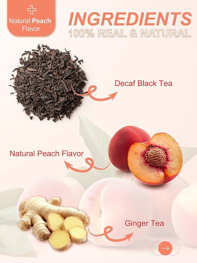 TeeLux Decaf Peach Ginger Black Tea, Decaffeinated Black Tea Flavored with Spicy Ginger & Peach Flavor, Smooth & Full-Bodied, 100 Count
