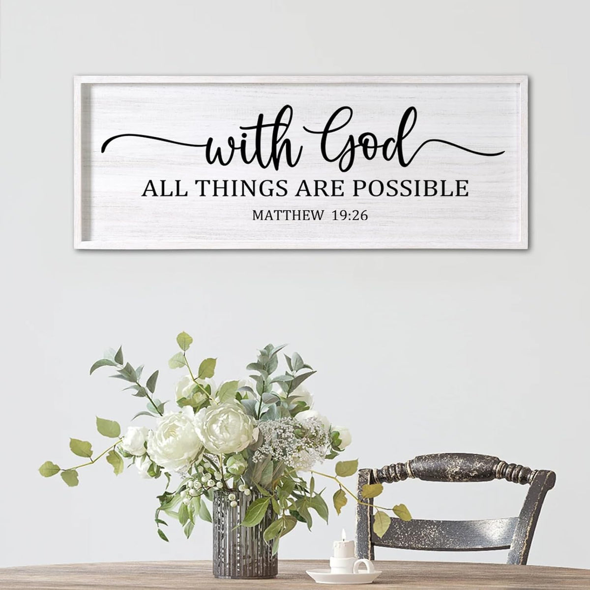 With God All Things are Possible Framed Wall Art, 40''×15'' White Holy Religious Rustic Bible Verse for Christian God Jesus Christ Prayer, Positive Horizontal Inspirational Catholic Scripture Decor