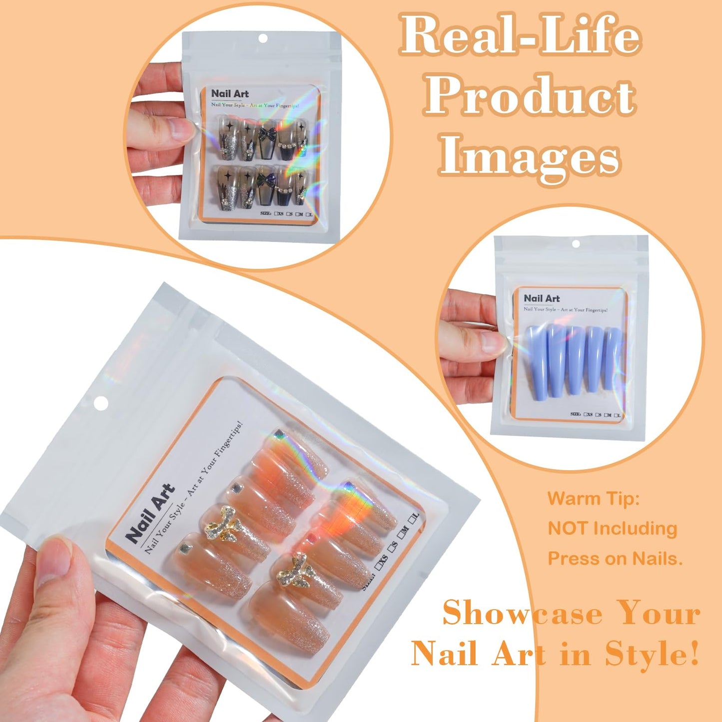 202pcs Press on Nail Packaging Bag, 100pcs Empty Holographic Nail Storage Bag and 100pcs Instruction&Display Black Cardboard with 2 Roll Transparent Tape for Nail Display Profession Salon(White, 100)