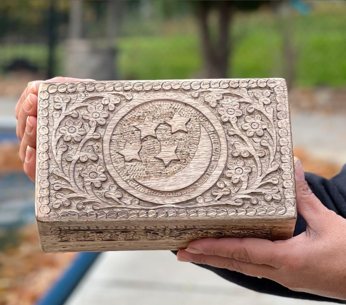 DharmaObjects Celestial Moon and Stars Hand Carved Wooden Storage Keepsake Box (Large, Moon & Stars)