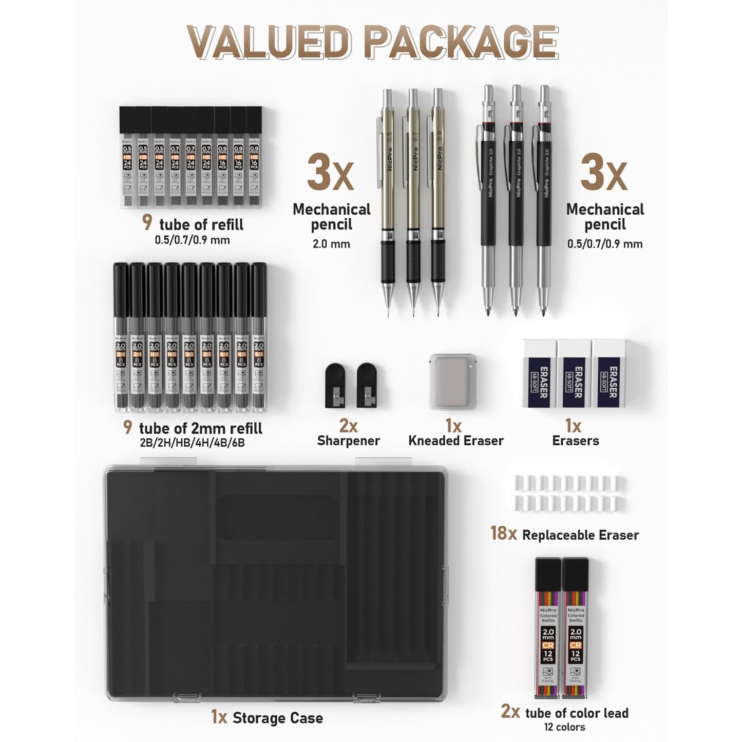 Nicpro 35PCS Art Mechanical Pencil Set, 3 PCS Metal Drafting Pencil 0.5 mm & 0.7 mm & 0.9 mm & 3 PCS 2mm Lead Holder (6B 4B 2B HB 2H 4H Colors) For Sketching Drawing With 20 Tube Lead Refills Case