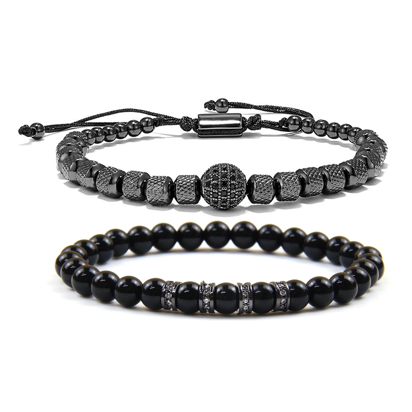 Men's Beaded Bracelets - 6mm Obsidian Stainless Steel Bracelet With Cubic Zirconia Beads - Adjustable Bracelet Set for Couples, Boyfriend, Husband (Black)