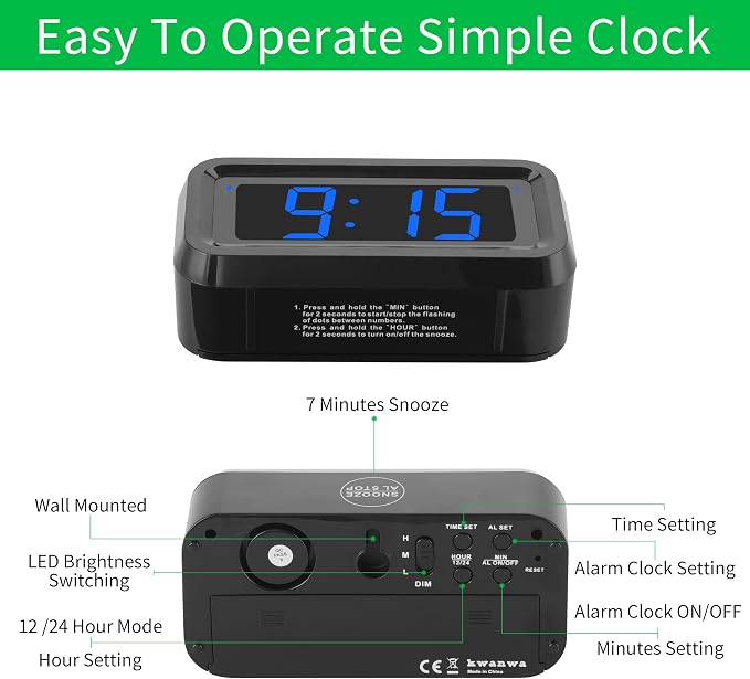 KWANWA Small Digital Alarm Clock, 1.2inch Dark Blue LED Digits, Adjustable Brightness, Dim Night Model, 12H/24H, Battery Operated, Wall Mount, Snooze, Clock for Kids Bedroom, Small Travel Clock