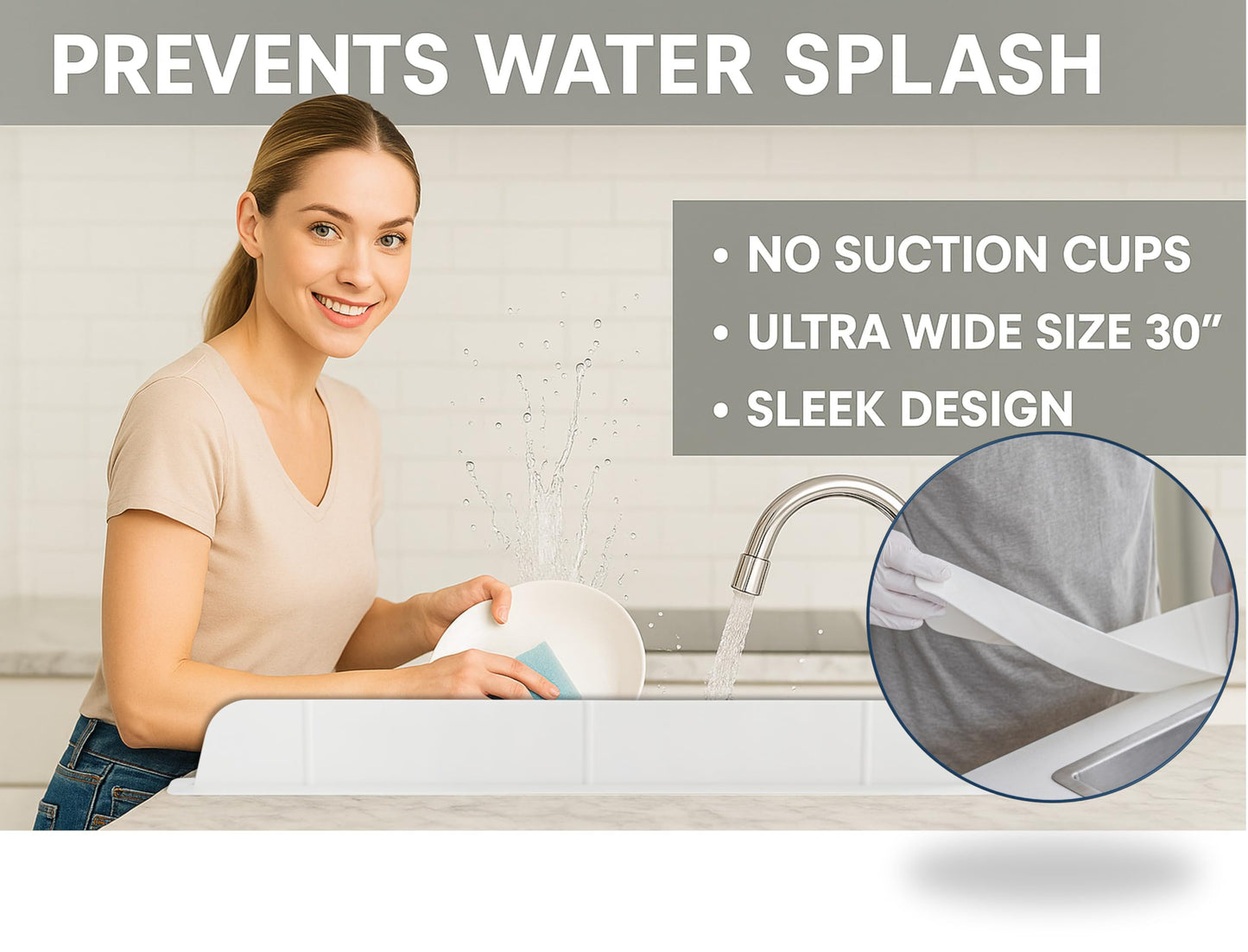 30 inch(75cm) Premium Kitchen Sink Silicone Water Splash Guard SIZE UPGRADE 30" and new package - NO Suction Cups, Ultra Wide 30" - Made in Korea (Ultra Wide Eco White)