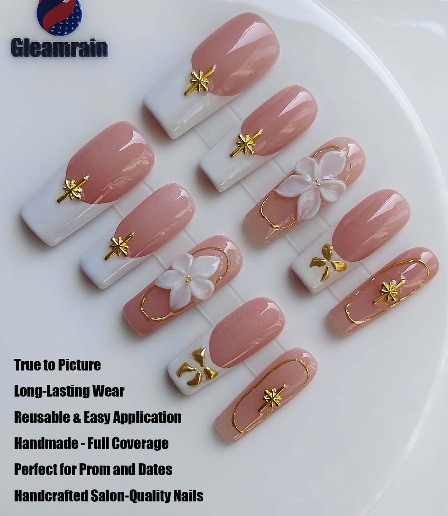 Gleamrain Handmade Press on Nails Long Length Square Shape M Size - 10Pcs - Gleamrain Design 902