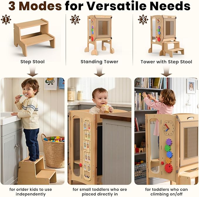 Toddler Tower Foldable Toddler Kitchen Stool Helper with 2 Step Stool, Safety Net, Adjustable Height, Chalk-Whiteboard& Montessori Activity