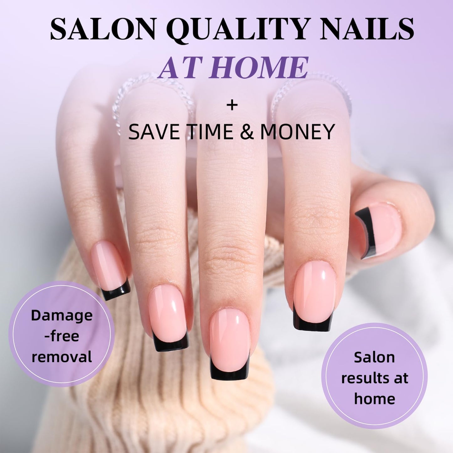Black French Tip Press On Nails - Short Square Black Tips Press on Nails Glossy Nails Press Ons for Women, Reusable Fake Nails Kit with Glue,32 Pieces in 16 Sizes