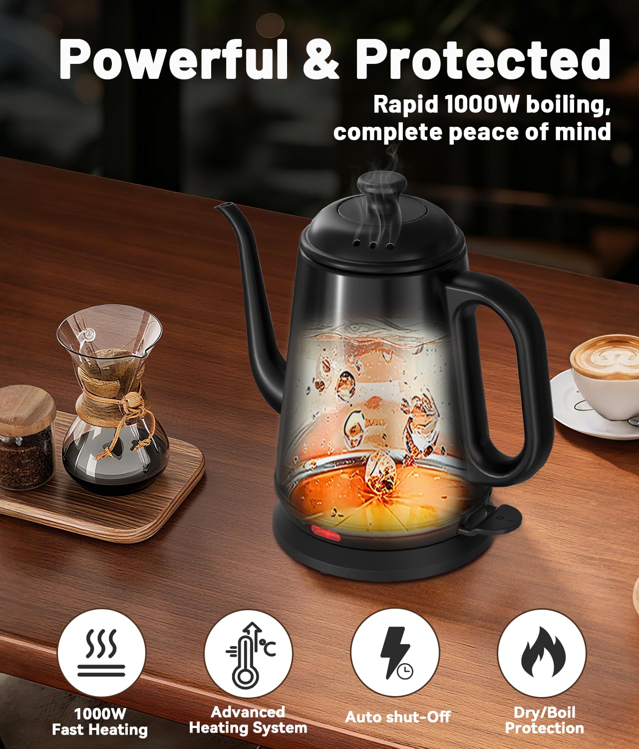 ELTRIKO Gooseneck Electric Kettle, 1L Water Boiler, Pour Over Coffee & Tea, 1000W Fast Heating, Stainless Steel, Auto Shut-Off & Boil-Dry Protection, BPA-Free (Black)