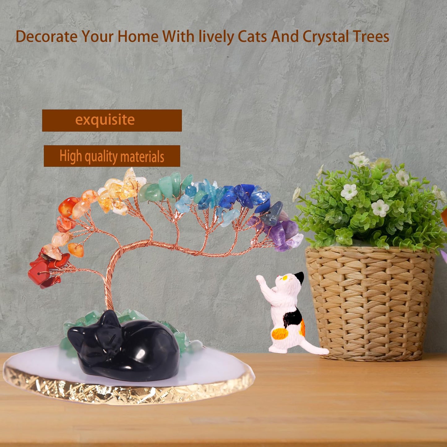 Dreamgirl Black Obsidian Chakra Crystal Tree and Healing Stones Cute Sleeping Cat Statue Lucky Kitten Figurine Office Bedroom Home Desk Decoration Cat Lovers Gift for Women