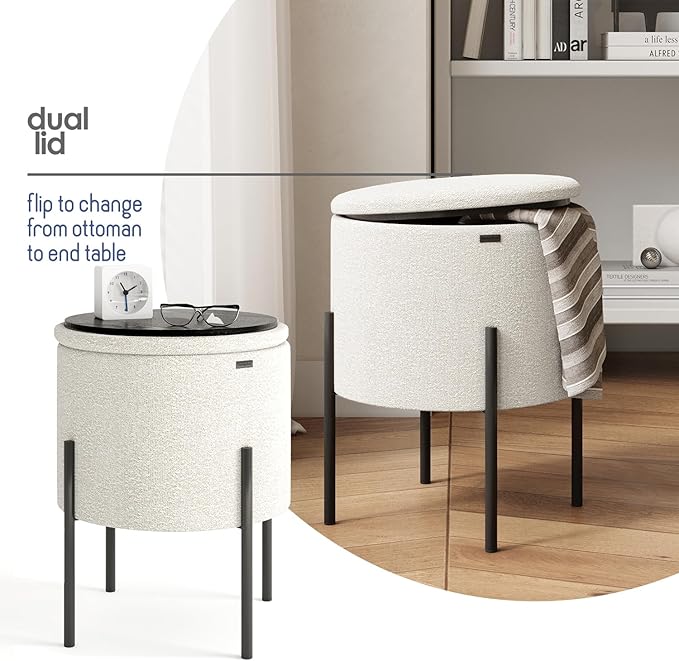 STORAGEBUD Round Ottoman with Storage, Boucle Storage Foot Stool, Makeup Vanity Stool, Small Ottoman Foot Rest, Modern Ottomans for Living Room and Bedroom, White