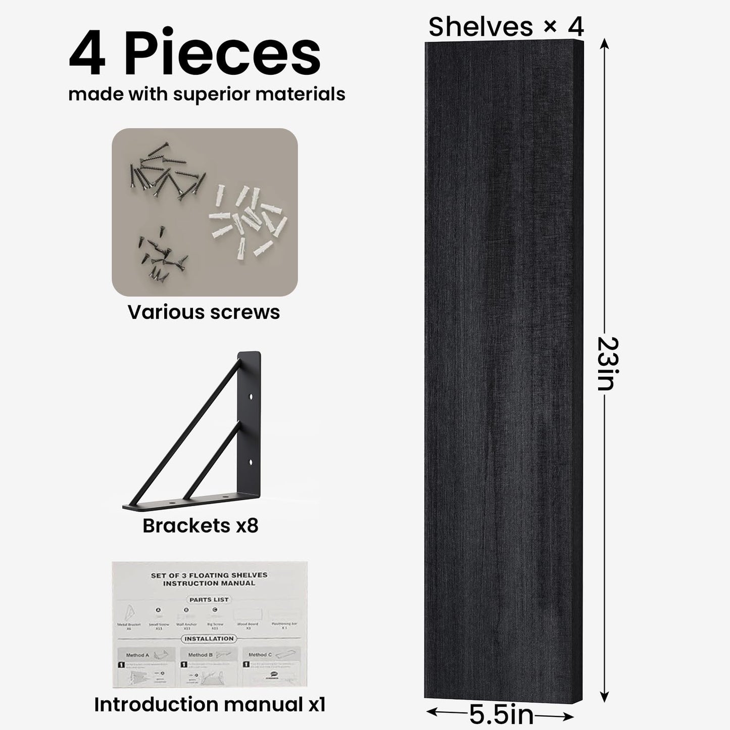 BAYKA Wall Mounted Floating Shelves, Wood Floating Wall Shelf for Books & Decor, Small Space-Saving Display & Organizer（Black，23in，Set of 4）