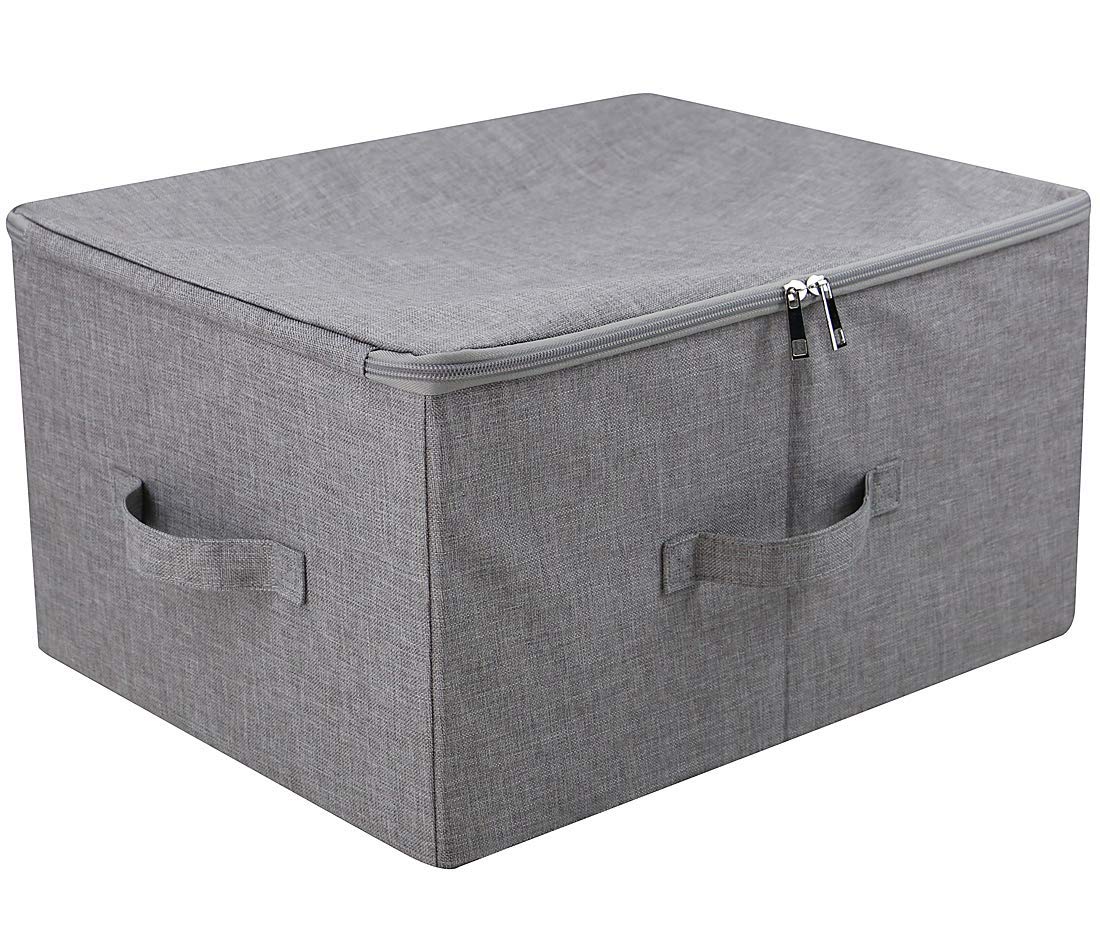 iwill CREATE PRO Folding Storage Box with Zip Lid and Handles, Rigid Storage Baskets With Linen Fabric& Plastic Board, Closet Shelf Drawers,Dark Gray, 2 pcs