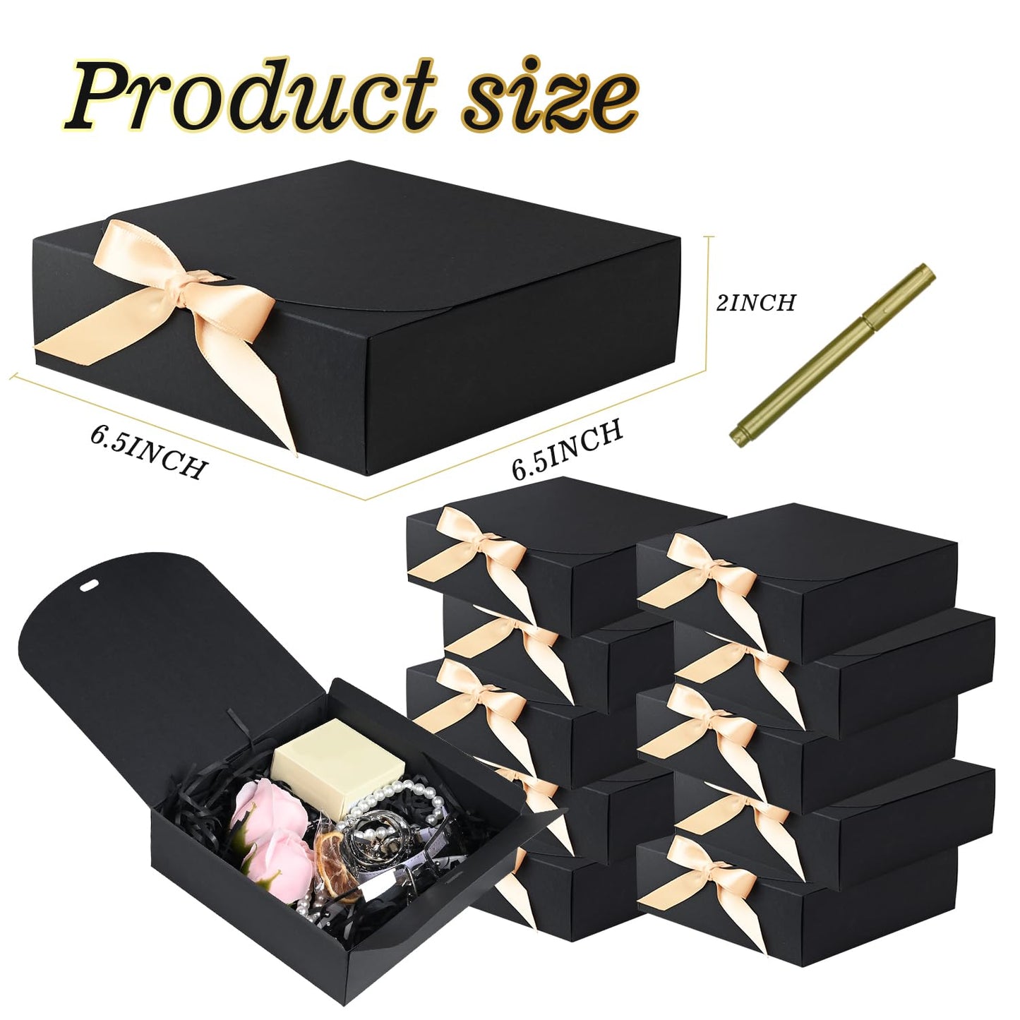 12Pack Small Gift Boxes,Black Square Gift Box with Metal Pen for Candy, Chocolate, Wedding,Birthday, Baby Shower,6.5×6.5×2 Inch