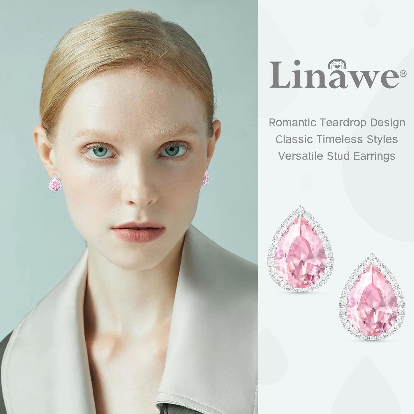 Linawe Pink Earrings Studs for Women, Silver Imitation Diamond Morganite Teardrop Cartilage Stud Earrings Set, Wedding Bridal Iridescent Rhinestone Crystal Sparkly Bridesmaid Jewelry