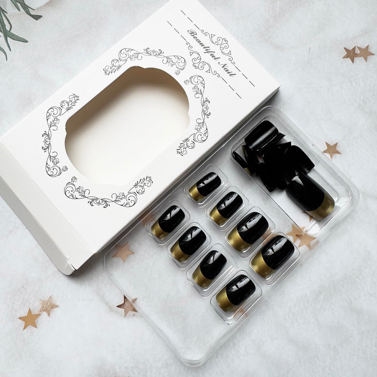 French Tip Press on Nails Square Shape Fake Nails Medium False Nails Gold Nail Tip Black Acrylic Nails Full Cover Glossy Stick on Nail Spring Summer Holiday Glue on Nails for Women Manicure 24 Pcs