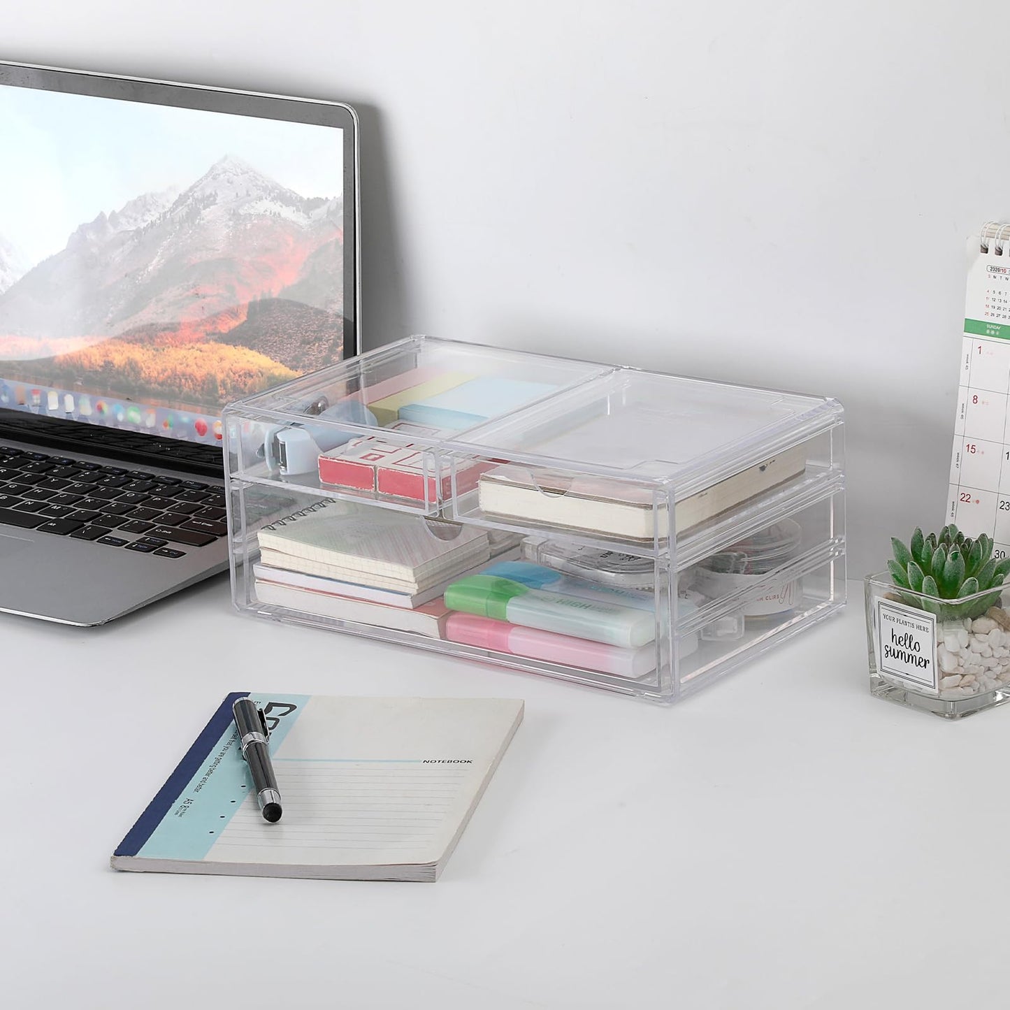 BTSKY Clear Acrylic Drawer Organizer, Stackable Container with 2 Narrow + 1 Large Drawers, Desk Organizer for Stationery Study Essentials Makeup Jewelry, Multipurpose Storage Box for Office and Home