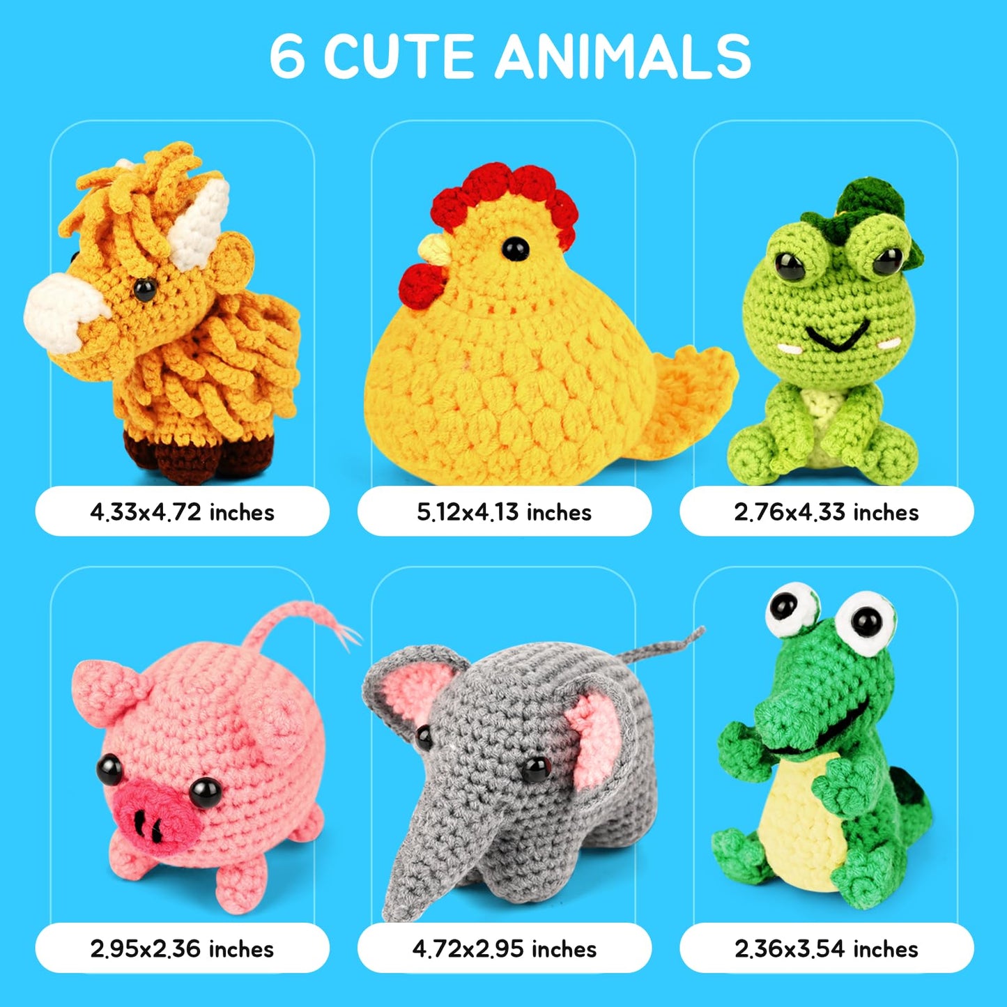 7SHAAARKS Crochet Kit for Beginners | Set of 6 Animal Crochet Kits with Yarn & Video Tutorials, Includes Frog, Crocodile, Rooster, Elephant, Yak & Piglet, Easy DIY Gift for Teens & Kids, Christmas