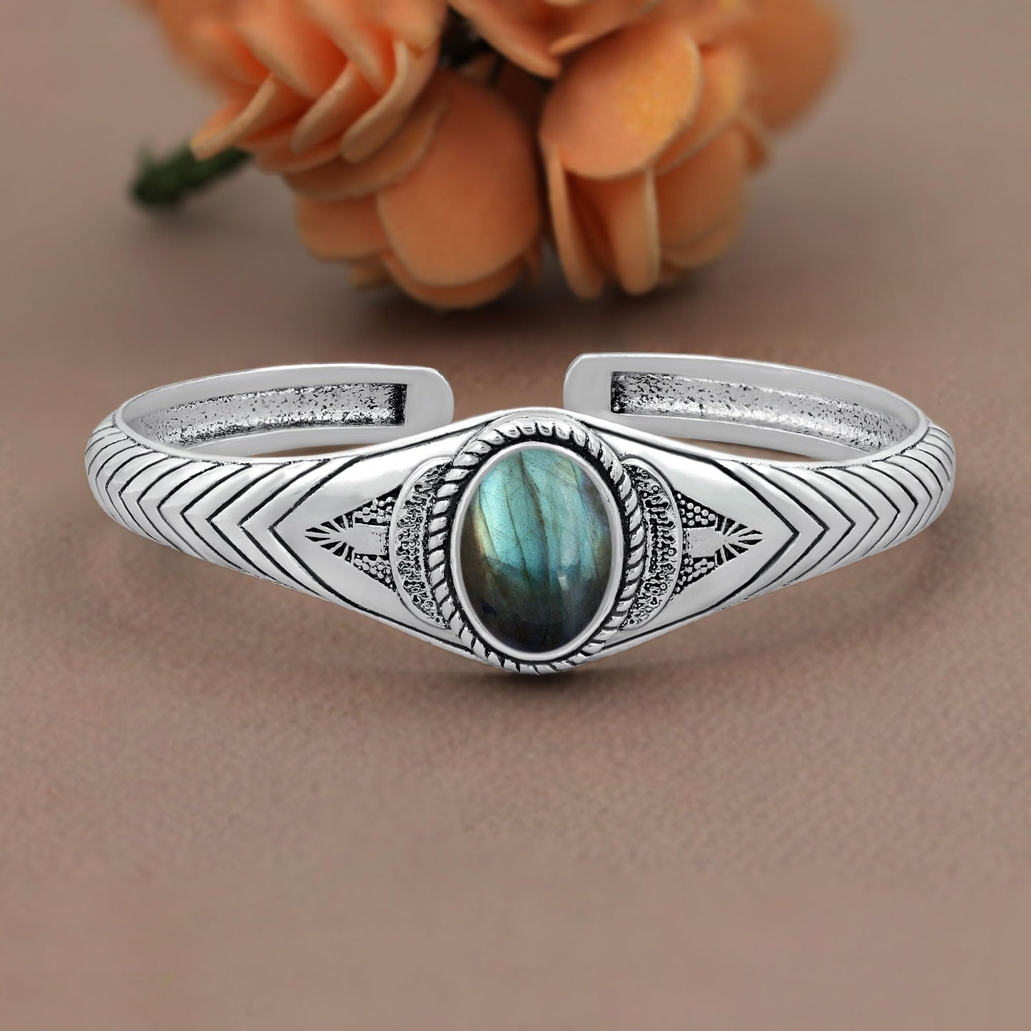 Labradorite Cuff Bangle Bracelet for Men Women – Handmade 925 Silver Plated Adjustable Boho Jewelry – Natural Gemstone Elegant Statement Bangle – Christmas Gift for Him Her