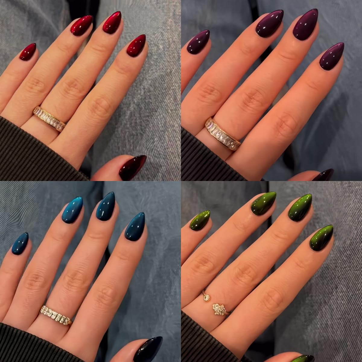 KQueenest 4 Packs Gel Press On Nails Short Almond, Cat Eye Press On Nails Short Stiletto, Dark Chrome Fake Nails Press Ons, Shiny Glitter Black Glue on Nails for Women Decoration, 96 Pcs Gift Kit