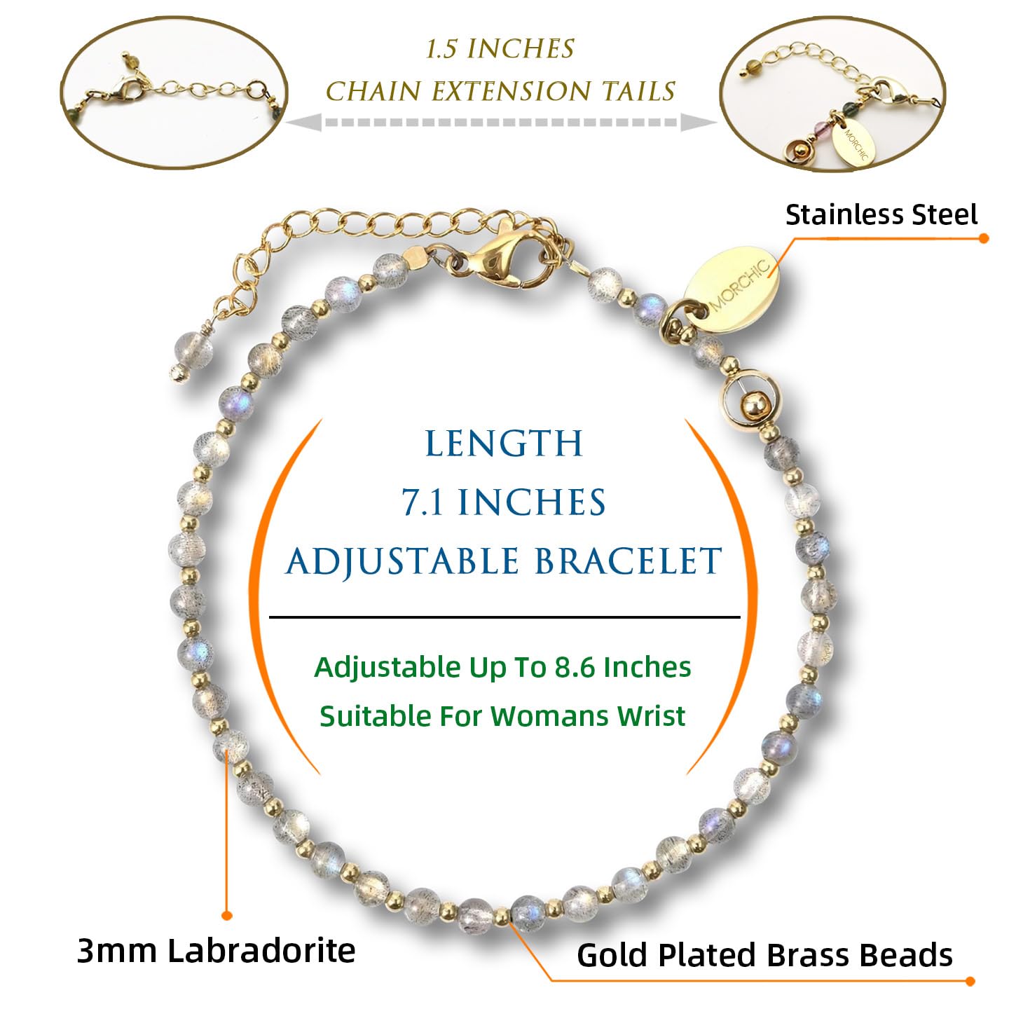 Morchic 3mm Gray Labradorite Natural Gemstone Beaded Bracelet for Women, Dainty Tiny Charm Jewelry, Adjustable 7.1-8.6", Ideal Birthday Holiday Gift